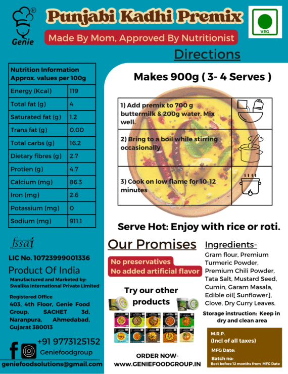 Punjabi Kadhi Premix | Ready-to-Eat Instant | Makes 900 GM | Genie Food | 5 Min Recipe | 100% Clean Brand