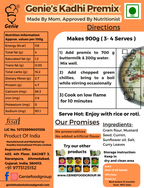 Gujrati Kadhi Premix | Ready-to-Eat Instant | Makes 900GM | Genie Food | 5 Min Recipe | 100% Clean Brand