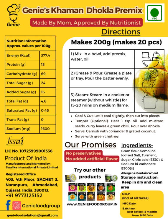 Khaman Dhokla Premix | Ready-to-Eat Instant | 150GM | Genie Food | 5 Min Recipe | 100% Clean Brand