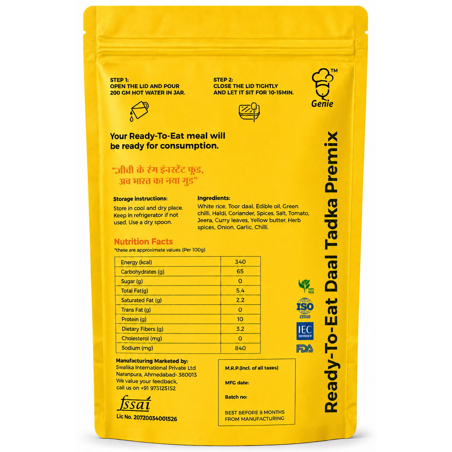 Dal Tadka Premix | Ready-to-Eat | Makes – 200gm | Genie Food